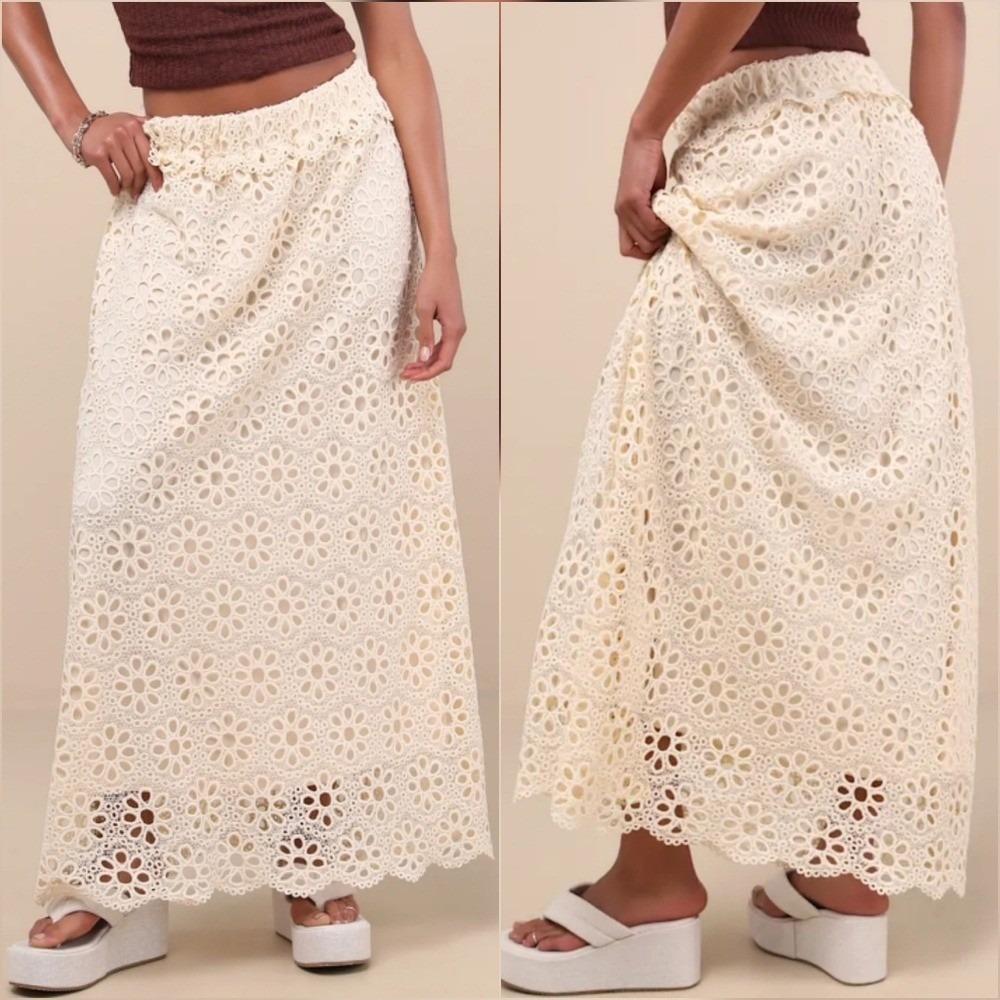 Lulus NEW Kiros Cream Floral Eyelet Embroidered Maxi Skirt SZ Medium Cottagecore